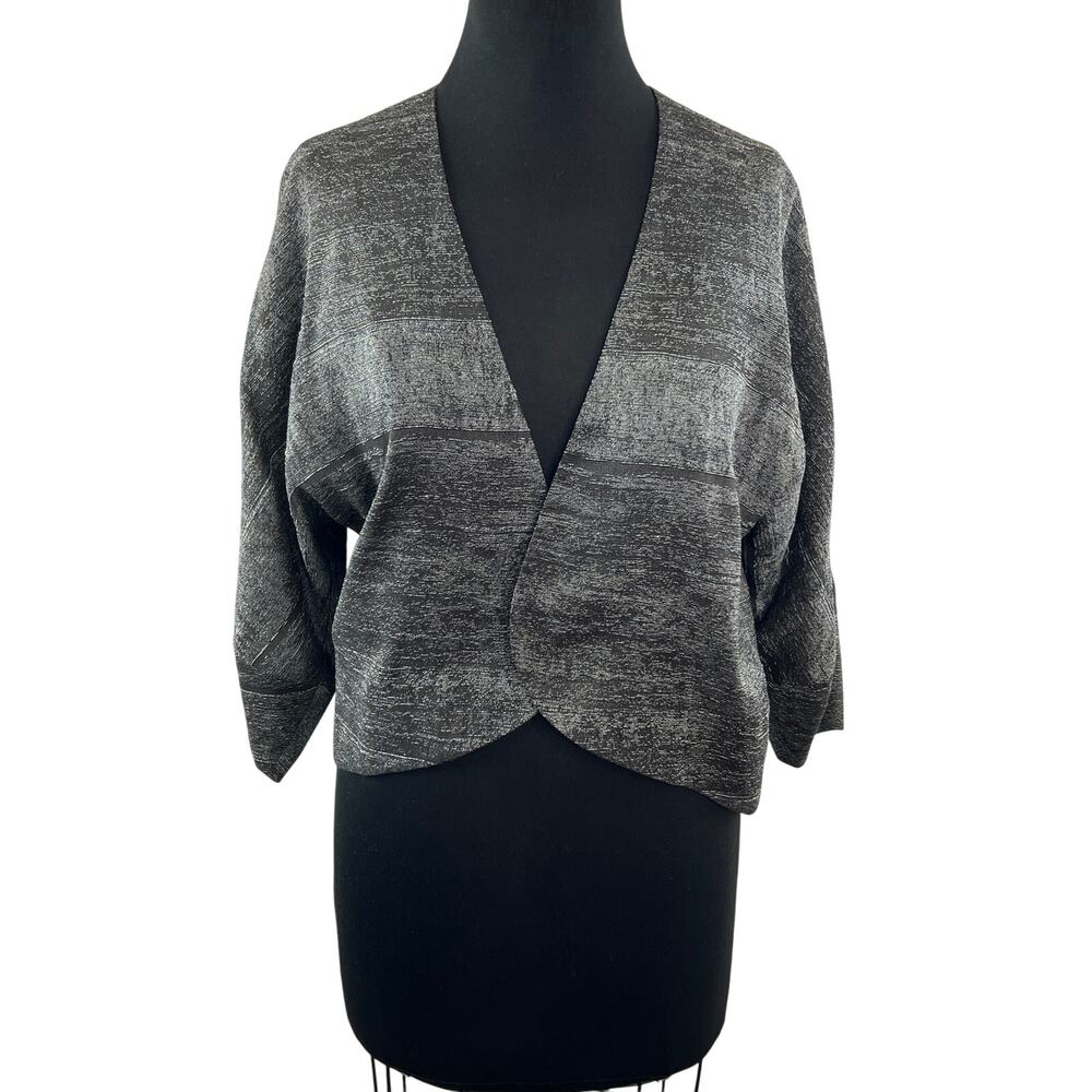 EILEEN FISHER Heather Gray Jacket Silk V-Neck Open Front 3/4 Sleeve Size Small S